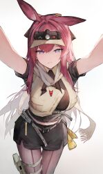 1girl absurdres animal_ears arknights arms_up belt black_bow black_shirt black_shorts bow cowboy_shot cropped_jacket front-seamed_legwear grey_belt grey_pantyhose hair_bow hair_intakes hashtag-only_commentary hato_(hatotoou) headlamp highres jacket long_hair looking_at_viewer midriff_peek multicolored_hair navel open_clothes pantyhose pantyhose_under_shorts parted_lips pink_hair purple_eyes purple_hair rabbit_ears rabbit_girl ray_(arknights) seamed_legwear shirt short_shorts short_sleeves shorts smile solo streaked_hair teeth visor_cap white_background yellow_jacket