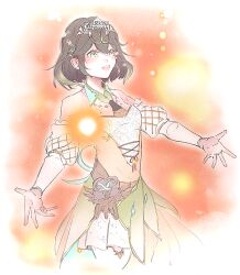 1girl bare_shoulders breasts brown_hair detached_sleeves dress ff14hioo_oo7 final_fantasy final_fantasy_xiv green_eyes green_hair medium_hair multicolored_dress sleeveless sleeveless_dress solo sphene_(ff14) tiara white_dress yellow_dress