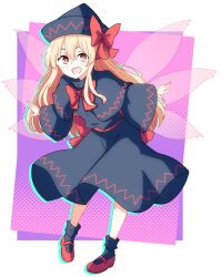 1girl absurdres black_dress black_hat blonde_hair bow capelet dress fairy_wings hat hat_bow highres lily_black lily_white long_hair long_sleeves looking_at_viewer multiple_wings open_mouth pioartstuff red_bow red_eyes red_shoes shoes simple_background socks solo touhou white_background white_socks wide_sleeves wings