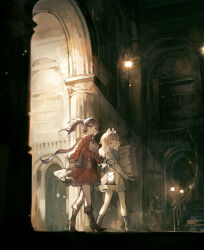 2girls absurdres ahoge animal_ears arch architecture blonde_hair book book_stack boots brown_hair cat_ears closed_eyes commentary_request grey_eyes high-waist_skirt high_heel_boots high_heels highres holding holding_book holding_lantern lantern long_hair multiple_girls open_mouth original red_skirt shirt skirt stairs twintails walking white_shirt yanyan_(shinken_gomi)