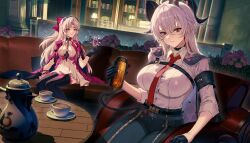 2girls absurdres black_gloves black_horns black_jacket black_pants bow breasts button_gap can carlotta_(wuthering_waves) chest_harness closed_mouth commentary crystal cup curled_horns dress drink_can earrings gloves grey_hair hair_between_eyes hair_bow hand_up harness high-waist_pants highres holding holding_can horns jacket jacket_on_shoulders jewelry large_breasts latte_art long_hair looking_at_viewer medium_breasts molyb multicolored_hair multiple_girls necktie pants pink_bow pink_jacket red_eyes red_necktie shirt_tucked_in sitting smile streaked_hair tight_clothes tight_pants white_dress wuthering_waves zani_(wuthering_waves)