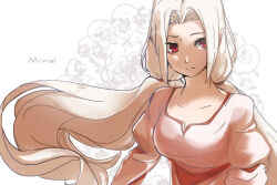 Rule 34 | 1girl, breasts, character name, cleavage, closed mouth, collarbone, elf, eyelashes, female focus, floating hair, long hair, looking to the side, miriel (silmarillion), nostrils, parted bangs, pixiv id 43894224, pointy ears, red eyes, solo, the silmarillion, tolkien&#039;s legendarium, upper body, white hair