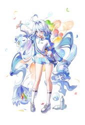 1girl :d absurdres ahoge alternate_costume balloon blue_eyes blue_hair blue_pupils blue_shorts blush bottle commentary_request dasha drop-shaped_pupils full_body furina_(genshin_impact) genshin_impact gentilhomme_usher hair_between_eyes hand_up heterochromia highres leisurely_otter_(genshin_impact) long_hair long_sleeves looking_at_viewer mademoiselle_crabaletta midriff multicolored_hair navel open_mouth shirt shoes shorts simple_background smile socks solo standing surintendante_chevalmarin symbol-shaped_pupils very_long_hair water_bottle white_background white_hair white_shirt white_shoes white_socks