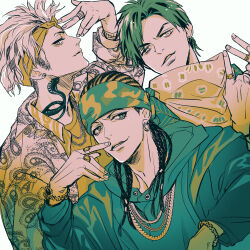 3boys adam&#039;s_apple bags_under_eyes bandana bandana_around_neck bleached_hair camouflage_bandana chain chain_bracelet chain_necklace clothing_request collared_shirt cornrows curtained_hair douan_kazusato earrings finger_gun finger_gun_to_head fingernails furrowed_brow green_theme hair_slicked_back hoop_earrings hypnosis_mic hypnosis_mic:_rule_the_stage index_finger_raised jacket_over_hoodie jewelry kokuri_ryouzan layered_shirt limited_palette long_hair long_sleeves looking_at_viewer male_focus multiple_boys multiple_necklaces multiple_rings neck_tattoo necklace north_bastard open_clothes open_shirt parted_hair parted_lips patterned_clothing profile ring sanagi_kenei shirt short_hair sideburns simple_background sleeves_rolled_up smirk snake_tattoo straight_hair stud_earrings tareme tattoo unbuttoned undercut upper_body v-shaped_eyebrows vivienne9westwood watch wavy_hair white_background wristwatch yellow_theme