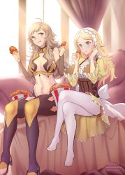 2girls absurdres ahoge artistic_error asymmetrical_bangs bad_feet bare_shoulders blonde_hair blue_eyes breasts bridal_gauntlets chicken_(food) chicken_leg commission commissioner_upload corset eating fire_emblem fire_emblem_awakening fire_emblem_fates food fried_chicken grandmother_and_granddaughter grey_eyes hair_down headdress highres holding holding_food kfc large_breasts leather lissa_(fire_emblem) long_hair looking_at_another multiple_girls navel nintendo non-web_source ophelia_(fire_emblem) pantyhose shiro_font turtleneck wrong_foot