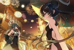 2girls absurdres architecture b_soyo1 bare_arms bare_shoulders black_dress black_hair black_jacket black_pants braid braided_hair_rings butterfly_hair_ornament china_dress chinese_clothes closed_mouth double_bun dress east_asian_architecture eyewear_on_head floral_print food food_in_mouth from_behind green_hair green_umbrella hair_bun hair_ornament hair_rings high-waist_pants highres holding holding_food holding_umbrella jacket kisaki_(blue_archive) long_hair mina_(blue_archive) multiple_girls pants sidelocks sunglasses twintails umbrella very_long_hair