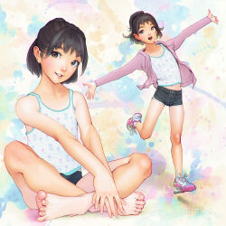 1girl barefoot black_hair brown_eyes dolphin_shorts feet fumichika_mori looking_at_viewer medium_hair open_mouth parted_lips shorts toes