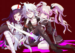 1boy 2girls :p ;d bandaged_leg bandages black_pants black_shirt black_thighhighs blood blue_eyes blush chain collar collarbone danganronpa:_trigger_happy_havoc danganronpa_(series) danganronpa_3_(anime) danganronpa_another_episode:_ultra_despair_girls dress enoshima_junko grey_hair hat komaeda_nagito long_hair messy_hair metal_collar miniskirt multiple_girls nurse nurse_cap one_eye_closed open_mouth pants pink_blood pleated_skirt red_background red_skirt servant_(danganronpa) shirt single_thighhigh skirt smile teeth thighhighs threyes tongue tongue_out torn_clothes torn_pants tsumiki_mikan white_dress white_hair