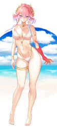 1girl absurdres adapted_costume alternate_hair_length alternate_hairstyle aoi_(ayakaze_aoi) bare_legs bare_shoulders beach blue_sky body_markings braid breasts changli_(laurel_nymph)_(wuthering_waves) changli_(wuthering_waves) cleavage closed_mouth cloud cloudy_sky collarbone colored_extremities commentary day feet full_body hair_between_eyes hair_extensions hair_intakes head_wreath highres large_breasts legs multicolored_hair navel ocean official_alternate_costume outdoors pink_hair red_hands ring_hair_extensions short_hair sky smile solo stomach tacet_mark_(wuthering_waves) toes twin_braids two-tone_hair white_hair wuthering_waves