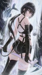 1girl bare_shoulders black_boots black_gloves black_hair black_shorts boots closed_mouth commentary commission crossed_bangs elbow_gloves english_commentary expressionless flippy_(cripine111) from_behind gloves hair_between_eyes highres holding holding_sword holding_weapon long_hair looking_at_viewer looking_back original outdoors shorts solo standing sword thigh_boots water waterfall weapon zipper_pull_tab