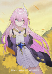 1girl alternate_hair_length alternate_hairstyle arms_behind_back artist_name bare_shoulders blue_eyes breasts cleavage closed_mouth coat collarbone cowboy_shot cyrene_(honkai:_star_rail) dress hair_ornament highres honkai:_star_rail honkai_(series) long_hair looking_at_viewer medium_breasts missing_commentary pink_hair purple_coat smile solo srpzk very_long_hair white_dress