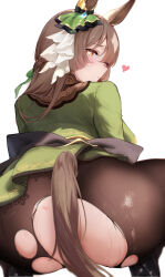 1girl absurdres animal_ears artist_name ass black_panties blush braid brown_eyes brown_hair clothes_lift commentary_request dress dress_lift ear_ornament from_behind green_dress half_up_braid heart heart-shaped_pupils hermityy highres horse_ears horse_girl horse_tail huge_ass long_hair looking_at_viewer looking_back multicolored_hair panties pantyhose puckered_lips satono_diamond_(umamusume) shiny_skin simple_background solo squatting streaked_hair symbol-shaped_pupils tail thong torn_clothes torn_pantyhose umamusume underwear wet white_background