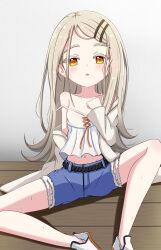 1girl absurdres blue_shorts blush brown_eyes brown_hair camisole colored_eyelashes commentary_request earrings gakuen_idolmaster grey_jacket hair_ornament hairclip hand_up highres idolmaster jacket jewelry jiu_(sdesd3205) long_hair long_sleeves looking_at_viewer midriff navel off_shoulder on_floor open_clothes open_jacket parted_lips shinosawa_hiro shoes shorts sitting solo strap_slip stud_earrings sweat swept_bangs torn_clothes torn_shorts very_long_hair white_camisole white_shoes wooden_floor