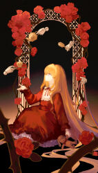 1girl absurdres alternate_hairstyle arch black_background black_bow black_bowtie blonde_hair blue_eyes bow bowtie closed_mouth commentary_request doll_joints dress expressionless flat_chest floral_arch flower frilled_dress frills full_body highres joints kunkun lolita_fashion long_dress long_hair long_sleeves no_headwear plant profile red_dress red_flower red_rose rose rozen_maiden shinku sitting solo stuffed_animal stuffed_dog stuffed_toy thorns very_long_hair vines yisi_ww