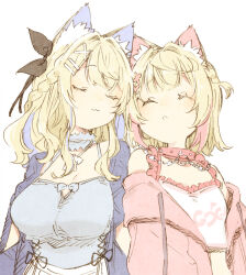 2girls abara_heiki blonde_hair blue_hair breasts cleavage closed_eyes closed_mouth fuwawa_abyssgard highres hololive hololive_english large_breasts medium_hair mococo_abyssgard multicolored_hair multiple_girls parted_lips red_hair short_hair simple_background small_breasts teeth two-tone_hair upper_body virtual_youtuber white_background