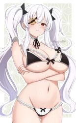 1girl bikini black_bikini blush border breasts cleavage commentary_request crossed_arms eyepatch frown gluteal_fold highres large_breasts long_hair looking_at_viewer maid maid_bikini navel red_eyes senran_kagura senran_kagura_estival_versus senran_kagura_new_link senran_kagura_shinovi_versus sidelocks standing surippa1010 swimsuit twintails twitter_username unconventional_maid very_long_hair white_hair yagyu_(senran_kagura)