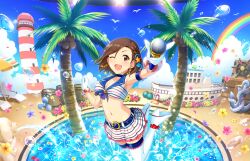 1girl anchor barrel beach_chair beach_umbrella belt boots bracelet breasts brown_eyes brown_hair bubble cleavage cloud earrings flower fountain game_cg gloves high_heel_boots high_heels holding holding_microphone idol_clothes idolmaster idolmaster_cinderella_girls idolmaster_cinderella_girls_starlight_stage jewelry lighthouse microphone mizuki_seira navel official_art one_eye_closed open_mouth palm_tree rainbow ship skirt splashing statue thigh_boots tree umbrella water watercraft white_boots