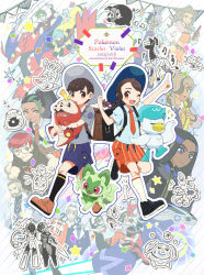 6+boys 6+girls :o ;d armarouge artist_name arven_(pokemon) backpack bag bellibolt black_footwear black_socks blue_headwear blush braid brassius_(pokemon) brown_bag brown_footwear brown_hair ceruledge clavell_(pokemon) cocoloco commentary_request copyright_name dark-skinned_female dark_skin dated eyelashes farigiraf fidough florian_(pokemon) fuecoco geeta_(pokemon) gen_4_pokemon grey_headwear grey_shirt grusha_(pokemon) hat highres holding holding_pokemon index_finger_raised iono_(pokemon) jacq_(pokemon) juliana_(pokemon) koraidon lechonk mela_(pokemon) miraidon multiple_boys multiple_girls necktie nemona_(pokemon) nintendo one_eye_closed open_mouth orange_necktie orange_shorts outline paldean_wooper partially_colored pawmi penny_(pokemon) pokemon pokemon_(creature) pokemon_sv purple_shorts quaxly rotom rotom_phone sada_(pokemon) shirt short_hair short_sleeves shorts smile socks sprigatito tongue turo_(pokemon) white_socks