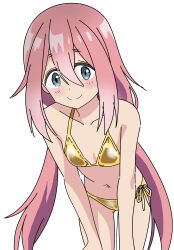 1girl absurdres bikini blue_eyes breasts gold_bikini highres kagamihara_nadeshiko leaning_forward long_hair pink_hair riokasen small_breasts smile solo swimsuit very_long_hair white_background yurucamp