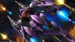 Rule 34 | absurdres, battle, beam cannon, copyright logo, demeter (mobile suit), energy beam, explosion, firing, funnels (gundam), gundam, gundam battle operation 2, gundam walpurgis, highres, machinery, mecha, mecha focus, mobile suit, neo zeon, no humans, official art, one-eyed, painting (medium), radio antenna, realistic, robot, scan, science fiction, space, sunrise (company), tenjin hidetaka, thrusters, traditional media