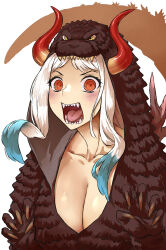 Rule 34 | 1girl, blue hair, breasts, cleavage, cosplay, curled horns, godzilla, godzilla (cosplay), godzilla (series), godzilla minus one, haraya manawari, highres, horns, kaiju, large breasts, long hair, looking at viewer, multicolored hair, multicolored horns, one piece, oni, orange eyes, orange horns, red horns, sharp teeth, solo, teeth, toho, white hair, yamato (one piece)