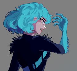 1girl black_bodysuit blue_eyes blue_gloves blue_hair bodysuit breasts cassandra_(tangled) from_side gloves grey_background half-closed_eyes hand_up kameko_mikan looking_afar medium_breasts open_mouth red_lips serious short_hair talking tangled rapunzel&#039;s_tangled_adventure upper_body