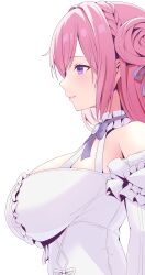 Rule 34 | 1girl, absurdres, bare shoulders, braid, breasts, crown braid, detached sleeves, dorothy (nikke), dress, frilled dress, frills, goddess of victory: nikke, hair bun, hair ribbon, highres, koumei (twinameless), large breasts, neck ribbon, pink hair, purple eyes, purple ribbon, ribbon, simple background, smile, solo, white background, white dress