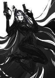 Rule 34 | 1girl, 2017, absurdly long hair, alternate costume, arms up, bayonetta, bayonetta (series), beehive hairdo, breasts, cleavage, clenched hands, clothing cutout, collarbone, commentary, dual wielding, earrings, english commentary, female focus, floating hair, full body, glasses, gun, handgun, high heels, highres, holding, holding gun, holding weapon, jewelry, leg up, living clothes, long hair, looking at viewer, medium breasts, midriff, monochrome, n1njaflu0, pistol, simple background, solo, thick lips, variant set, very long hair, weapon, white background