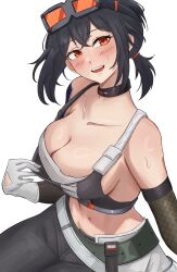 1girl absurdres and0ando bare_shoulders black_choker black_hair black_pants blush breasts choker collarbone commentary english_commentary gloves goggles goggles_on_head grace_howard hair_between_eyes highres large_breasts looking_at_viewer low_ponytail navel open_mouth orange-tinted_eyewear orange_eyes pants ponytail short_hair sidelocks simple_background smile solo stomach sweatdrop teeth tinted_eyewear upper_teeth_only white_background white_gloves zenless_zone_zero