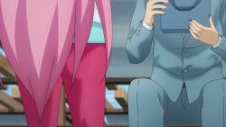 1boy 1girl animated anime_screenshot ass ass_focus ass_shake atsumi_tsukasa black_leotard blue_jacket formal_clothes from_behind highres ideura_shizuri jacket leotard long_hair multicolored_jacket neet_de_otaku_na_kunoichi_to_naze_ka_dousei_hajimemashita pink_hair sound suit tagme thighs track_jacket video white_jacket