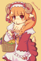 1girl :3 animal_ears animal_hands basket blush braid classic_lolita commentary_request country_lolita cowboy_shot dress frilled_hairband frills furry furry_female hairband holding holding_basket hooves horns lolita_fashion lolita_hairband long_hair long_sleeves looking_at_viewer orange_hair original red_dress red_hairband sheep_ears sheep_girl sheep_horns sheep_tail side_braid simple_background solo standing tail toraneko_(38) yellow_eyes yellow_fur