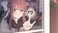 Rule 34 | 1girl, absurdres, blush, brown hair, closed mouth, commentary, condensation, doki doki literature club, english commentary, eyelashes, green eyes, hair ribbon, heart, highres, long hair, looking at viewer, monika (doki doki literature club), nail polish, onyang, ribbon, sidelocks, smile, solo, white ribbon, window, window fog