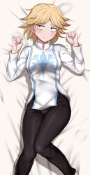 Rule 34 | absurdres, black pants, blonde hair, blue eyes, blush, breasts, dakimakura (medium), hands up, highres, legs together, long sleeves, looking at viewer, lying, neia baraja, on back, on bed, overlord (maruyama), pants, print shirt, sanpaku, shirt, short hair, small breasts, tsuchinokonoko, wavy mouth, white shirt
