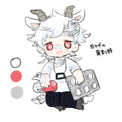 1boy @_@ animal_ears bandaid bandaid_on_arm bandaid_on_face bandaid_on_nose black_pants blister_pack blush_stickers brown_shoes chibi chibi_only color_guide commentary_request cotono_(nazekun) goat_ears goat_horns goat_tail highres holding holding_pill horns lanyard male_focus medium_hair original pants papers pill red_eyes shirt shoes short_sleeves sketch striped_clothes striped_pants tareme translation_request vertical-striped_clothes vertical-striped_pants white_hair white_shirt