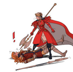 Rule 34 | !, 1boy, 1girl, arm guards, armored boots, axe, battle axe, blush, boots, cape, coat, collared cape, collared coat, commentary request, couple, defeat, double bun, dress, edelgard von hresvelg, edelgard von hresvelg (timeskip), fake horns, ferdinand von aegir, ferdinand von aegir (timeskip), fire emblem, fire emblem: three houses, from side, hair between eyes, hair bun, headpiece, hetero, holding, holding axe, holding weapon, horns, long hair, long sleeves, looking at another, looking at object, looking down, looking to the side, looking up, lying, nervous sweating, nintendo, on back, on ground, open mouth, orange eyes, orange hair, pants, polearm, red cape, red coat, red dress, rijinks, shade, shadow, simple background, standing, surprised, sweat, wavy hair, weapon, white background, white hair, wide-eyed