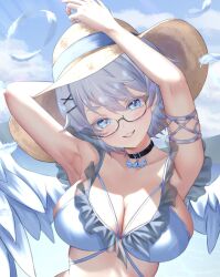 Rule 34 | 1girl, ange shiraino, arm behind head, arm up, armpits, belt, belt collar, bikini, black belt, blue eyes, blue ribbon, breasts, cleavage, cloud, collar, collarbone, feathered wings, feathers, glasses, hat, hat ribbon, highres, indie virtual youtuber, mary is mine, ribbon, semi-rimless eyewear, short hair, sky, solo, sun hat, swimsuit, upper body, virtual youtuber, white bikini, white feathers, white wings, wings
