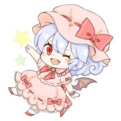 1girl alternate_hairstyle ascot bat_wings blue_hair blush brooch dress flying_sweatdrops jewelry lowres maru_usagi pink_dress pointy_ears puffy_sleeves red_eyes remilia_scarlet sash short_sleeves simple_background smile solo touhou twintails upper_body white_background wings