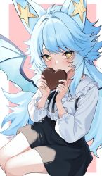 1girl animal_ears aztralbat bat_ears bat_wings black_skirt blue_hair candy chocolate chocolate_heart collared_shirt covering_own_mouth food frilled_shirt frills heart heart-shaped_food highres indie_virtual_youtuber long_hair long_sleeves looking_at_viewer mugripley shirt sitting skirt solo star-shaped_pupils star_(symbol) symbol-shaped_pupils virtual_youtuber white_shirt wings yellow_eyes
