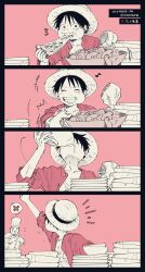 2boys 4koma black_border black_hair border bowl buttons chef chef_hat chicken_(food) closed_eyes comic commentary_request cross eating facing_viewer fingernails food hat highres holding holding_bowl looking_at_viewer meat monkey_d._luffy multiple_boys musical_note nata_kokone one_piece out_of_frame pink_background pizza scar scar_on_chest scar_on_face short_hair silent_comic smile solo_focus straw_hat teeth translation_request twitter_username upper_body