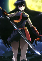 10s 1girl absurdres akame_(akame_ga_kill!) akame_ga_kill! armor belt belt_pouch black_hair black_serafuku black_skirt buckle cloud collared_shirt dress female_focus from_below full_moon gauntlets glint gloves highres holding japanese_armor katana kote long_hair looking_at_viewer moon nakamura_kazuhisa necktie night night_sky nyantype official_art pocket pouch red_eyes red_necktie school_uniform serafuku sheath shirt skirt sky sleeveless solo standing star_(sky) sword thighs unsheathed very_long_hair walking weapon
