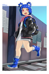 1girl 604yue :d animal_ear_fluff animal_ears backpack bag bear_ears bear_girl black_bag black_jacket blue_hair blue_leg_warmers blue_shoes blue_sky blunt_bangs bob_cut border borrowed_character buttons commentary day dot_nose dress english_commentary eyebrows_hidden_by_hair from_side full_body grin gris_(vertigris) hair_intakes hands_in_pockets happy highres hood hood_down hooded_jacket jacket leg_warmers long_eyelashes long_sleeves looking_to_the_side multicolored_jacket navel open_clothes open_jacket open_mouth original outdoors outline outside_border pink_eyes pink_jacket puffy_long_sleeves puffy_sleeves railroad_tracks raised_eyebrows red_eyes running shoes short_dress short_hair sidelocks sky slip-on_shoes smile sneakers solo sparkling_eyes standing thick_eyelashes thighs twitter_username two-tone_jacket unbuttoned white_border white_dress white_outline wide-eyed