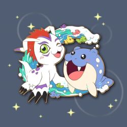 Rule 34 | digimon, digimon (creature), fangs, foxytomi, gen 3 pokemon, gomamon, green eyes, happy, nintendo, open mouth, orange hair, pokemon, pokemon (creature), smile, spheal, water