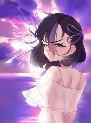 Rule 34 | 1girl, absurdres, black hair, cchiii, dress, evening, goddess of victory: nikke, hair ribbon, highres, mole, mole under eye, multicolored hair, ocean, purple eyes, purple hair, purple ribbon, purple sky, ribbon, sky, solo, syuen (nikke), white dress, white streaks