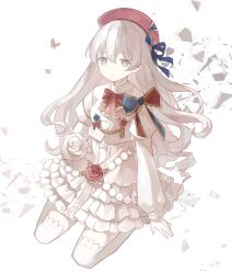 1girl arcaea beret bow bowtie broken_glass bug butterfly carnation chain chinese_commentary closed_mouth commentary_request cropped_shirt dress flower frilled_dress frills glass glass_shards gold_chain grey_eyes hair_between_eyes hat highres hikari_(arcaea) hikari_(fracture)_(arcaea) huaying_(yueluoshanhe103) insect long_hair long_sleeves looking_at_viewer pink_carnation pink_flower puffy_long_sleeves puffy_sleeves red_bow red_bowtie red_butterfly red_hat seiza shirt sitting solo thighhighs two-tone_bow wavy_hair white_background white_dress white_hair white_shirt white_thighhighs