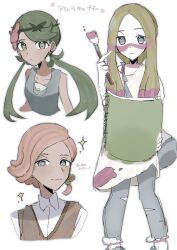1boy 2girls absurdres bag blonde_hair blue_eyes collared_shirt dark-skinned_female dark-skinned_male dark_skin denim duffel_bag facing_viewer flower green_eyes green_hair hair_flower hair_ornament hairband half-closed_eyes highres holding holding_paintbrush ilima_(pokemon) jeans long_hair looking_at_viewer mallow_(pokemon) mina_(pokemon) multiple_girls nintendo notebook paint_in_hair paint_splatter paint_splatter_on_face paintbrush pants pink_hair pokemon pokemon_sm portrait shirt smile sparkle sweater_vest torn_clothes torn_jeans torn_pants twintails white_background
