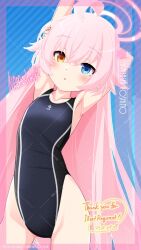 1girl adversarial_noise ahoge arm_behind_head arm_up armpits artist_name bikini black_one-piece_swimsuit blue_archive blue_background blue_eyes character_name commission competition_swimsuit cowboy_shot flat_chest hair_between_eyes halo heterochromia highleg highleg_swimsuit highres hoshino_(blue_archive) inaba_shiki long_hair looking_at_viewer one-piece_swimsuit pink_hair pink_halo pixiv_commission solo stretching striped_bikini striped_clothes swimsuit very_long_hair watermark watermark_grid yellow_eyes