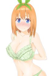 Rule 34 | 1girl, arms behind back, blue eyes, blush, bow, bow bra, bra, breasts, cguin15, choppy bangs, cleavage, closed mouth, collarbone, commentary request, embarrassed, frilled bra, frills, frown, go-toubun no hanayome, green bow, green bra, green panties, hair ornament, highres, large breasts, looking at viewer, medium hair, nakano yotsuba, navel, nose blush, orange hair, panties, raised inner eyebrows, simple background, solo, split mouth, stomach, straight hair, underwear, underwear only, upper body, white background