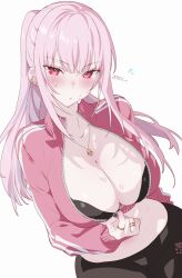 1girl absurdres black_bra black_nails black_pants blush bra breasts cleavage closed_mouth collarbone commentary ear_piercing fingernails flying_sweatdrops highres hololive hololive_english huge_breasts jacket jewelry kamiya_maneki long_hair long_sleeves looking_at_viewer midriff mori_calliope nail_polish necklace pants piercing pink_eyes pink_hair pink_jacket ponytail ring signature simple_background skull_necklace solo stomach sweat symbol-only_commentary underwear unzipping virtual_youtuber white_background