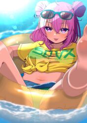 Rule 34 | 1girl, 5y hk, barefoot, bemani, bikini, blurry, blurry background, blurry foreground, blush, breasts, commentary request, day, depth of field, double bun, eyewear on head, feet, foreshortening, grace (sound voltex), grace (yumebuki) (sound voltex), hair bun, heart, heart-shaped eyewear, highres, innertube, looking at viewer, navel, outdoors, purple eyes, shirt, smile, solo, sound voltex, stomach, sunglasses, swim ring, swimsuit, thighs, tongue, tongue out, virtual youtuber, water, wet, yellow shirt