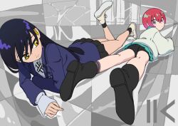 2girls absurdres amate_yuzuriha ass black_hair black_skirt boots cat_thankyou checkered_background checkered_floor gundam gundam_gquuuuuux hair_ornament highres jacket long_hair looking_at_viewer lying multiple_girls nyaan_(gundam_gquuuuuux) on_floor on_stomach perspective short_hair skirt tile_floor tiles yellow_eyes